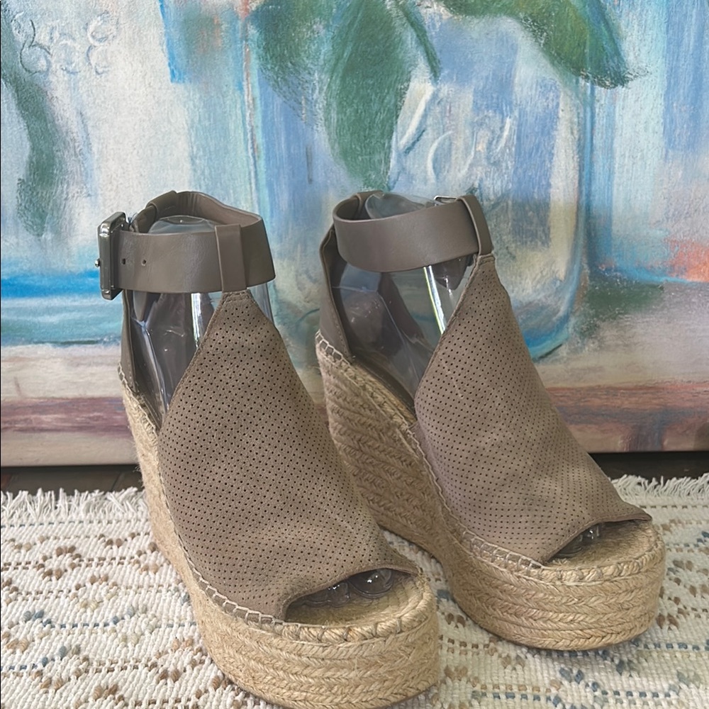 Women’s Taupe Suede Peep-Toe Wedge Espadrilles with Ankle Strap
